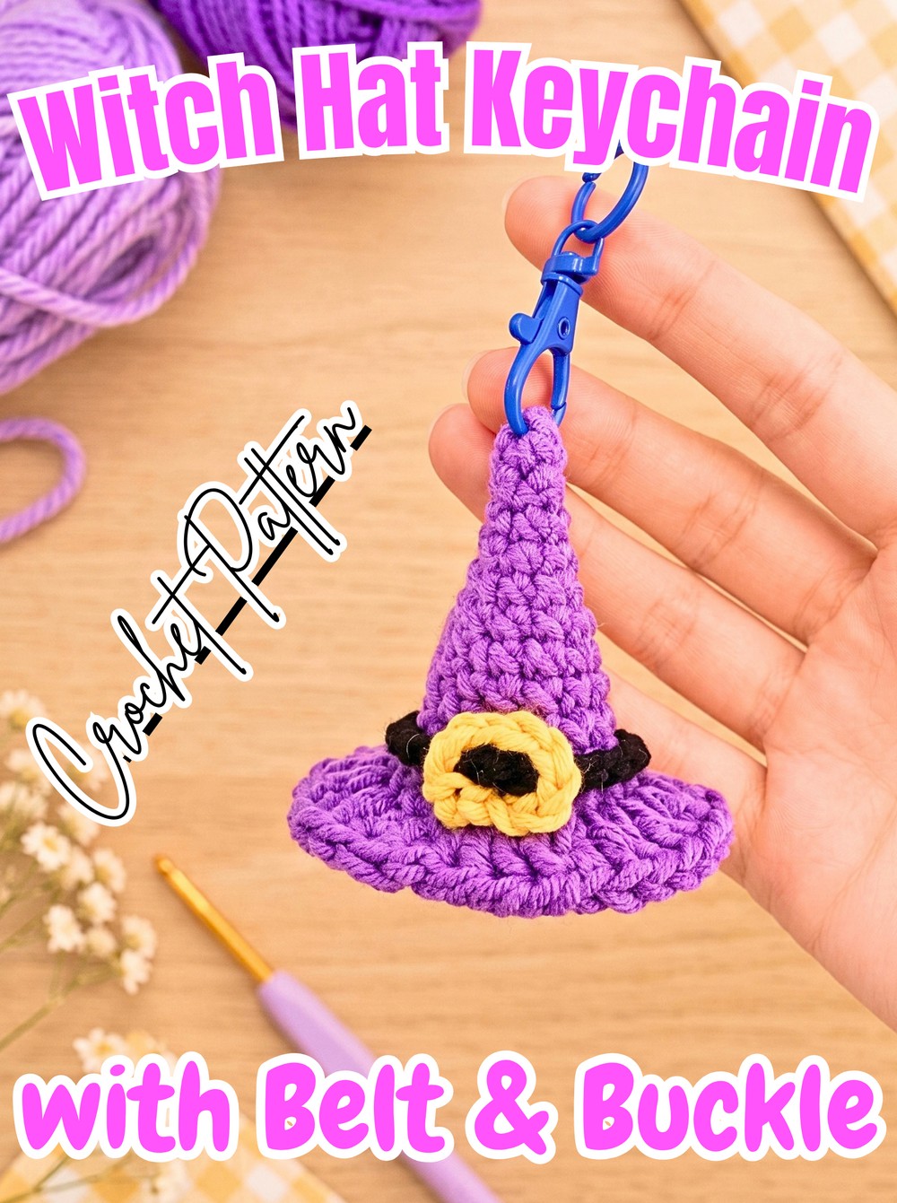 Crochet Witch Hat Keychain Pattern with Belt and Buckle