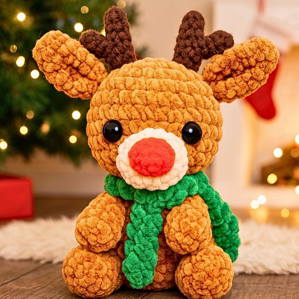 Crochet Plush Reindeer Pattern with Scarf and Y-Shaped Horns