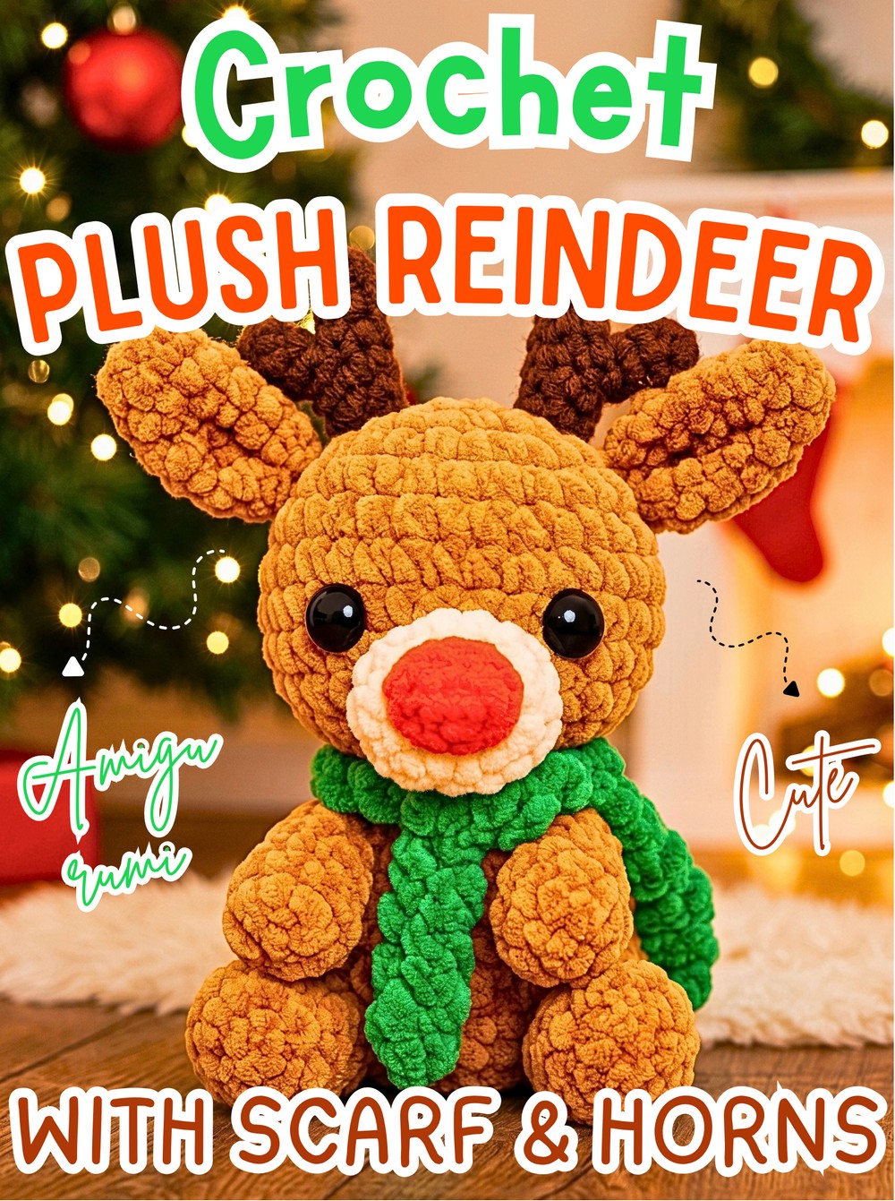 Crochet Plush Reindeer Pattern with Scarf and Y-Shaped Horns