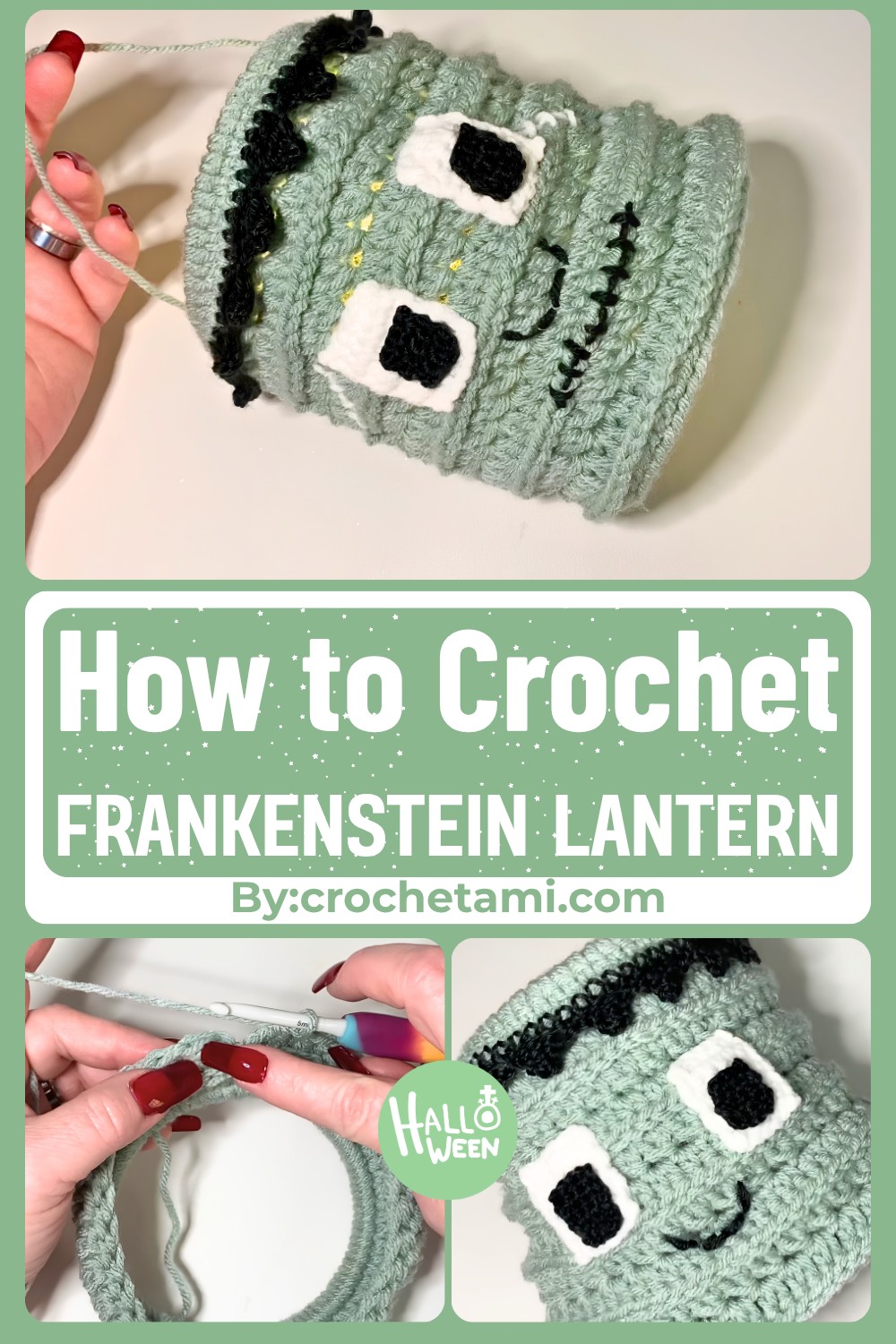Crochet Frankenstein Halloween Lantern with Built-In Basket 