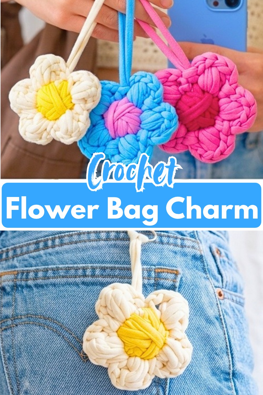 Chunky Crochet Flower Bag Charm with Puff Stitch Petals