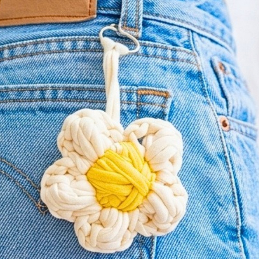 Chunky Crochet Flower Bag Charm with Puff Stitch Petals